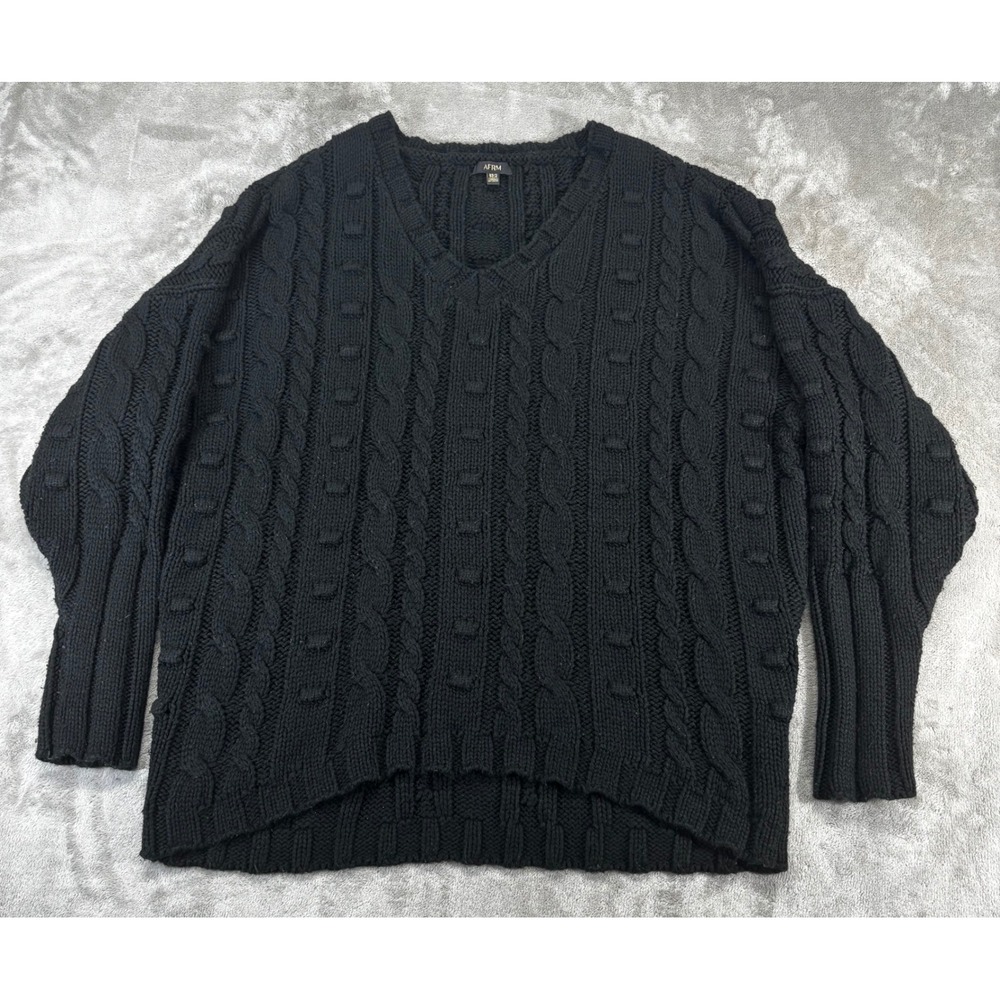 AFRM‎ Cable Knit Sweater Women XS/S Black Oversized V-Neck Bobble Chunky